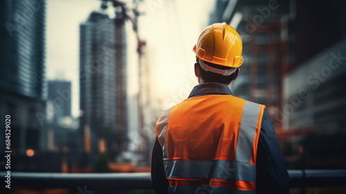 construction engineer standing with his back and watches at a skyscraper building construction. wearing a helmet and orange safety vest. working as a architect.