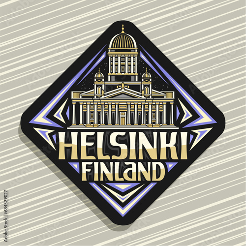 Vector logo for Helsinki, dark rhombus road sign with line illustration of historic european helsinki city scape on nighttime sky background, decorative refrigerator magnet with text helsinki finland photo