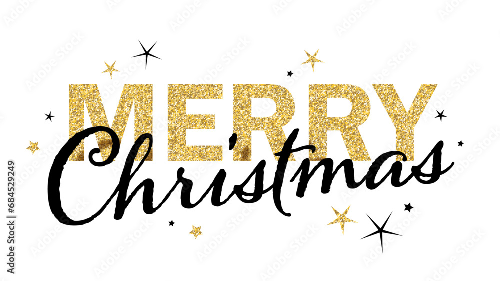 MERRY CHRISTMAS gold glitter vector typography banner with black and gold stars - obrazy, fototapety, plakaty 