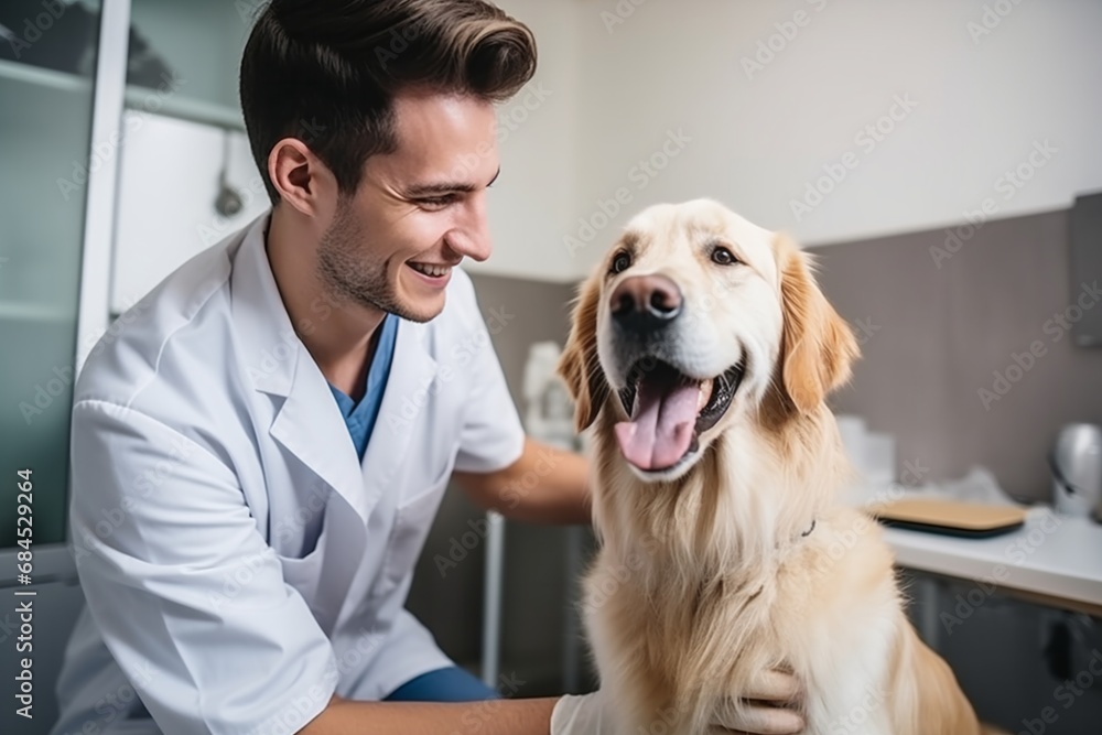 Smiling veterinarian examining a happy golden retriever in a clinic.