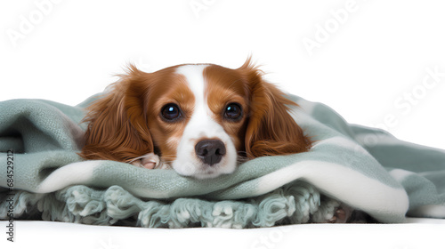 Adorable brown and white dog snuggled under a cozy green and white blanket isolated on a transparent background, Generative AI