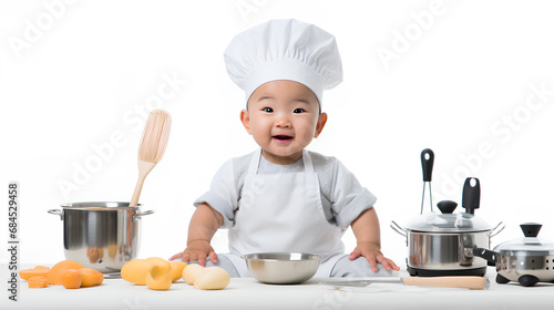 An Asian baby in a chef's cap and apron isolated on a white background, Generative AI