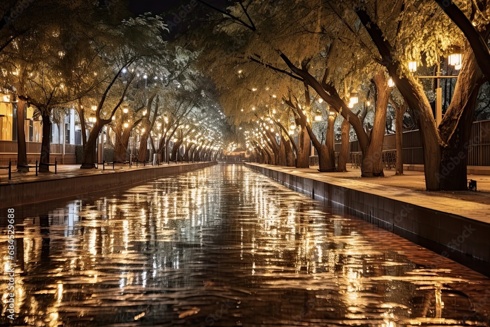 Riverside at night with trees lighting up, in the style