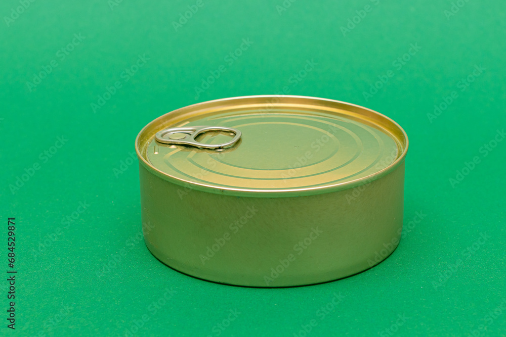 Unopened Tin Can with Blank Edge on Green Background. Canned Food