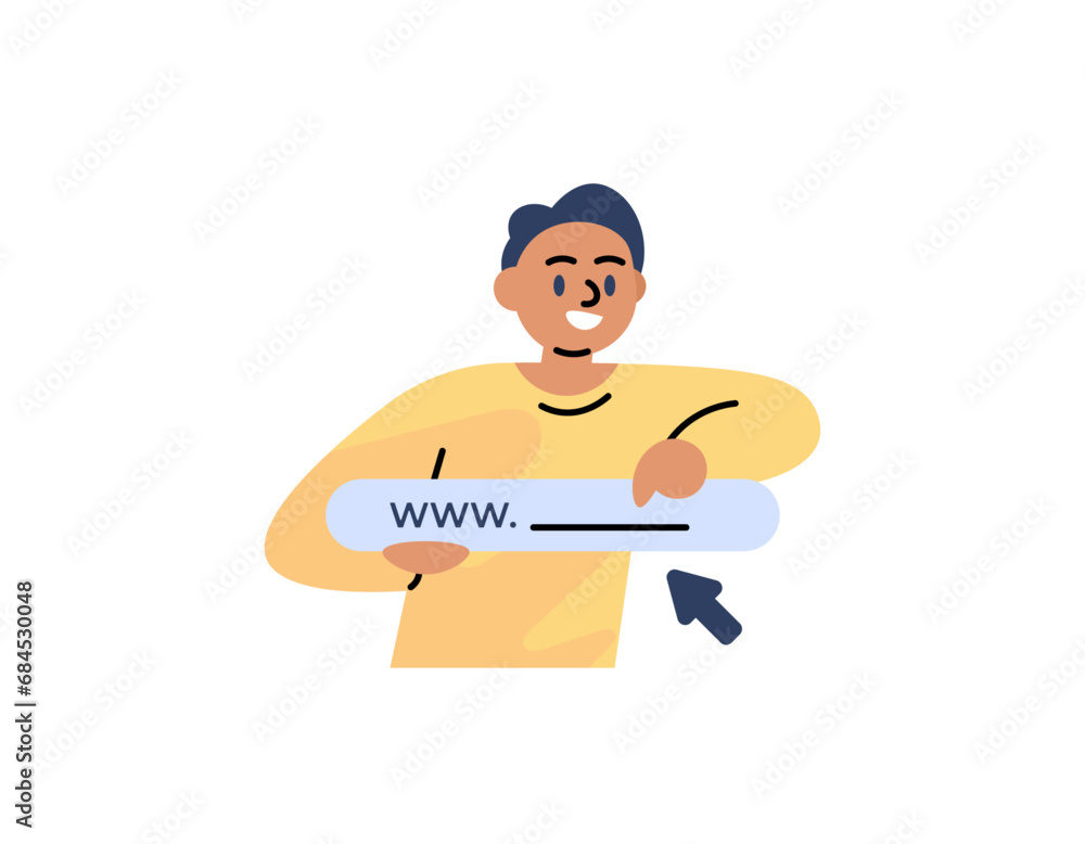 The concept of www or World Wide Web. A man suggests visiting a website. Click the website address link. Character illustration of people. flat illustration concept design. vector elements