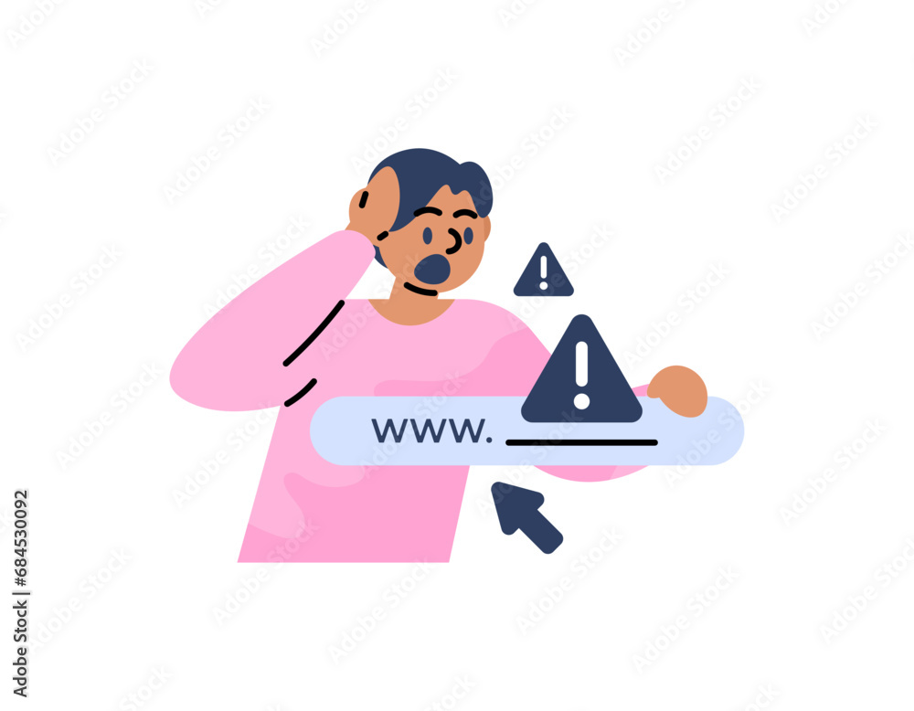 Fototapeta premium A man is shocked because he accesses a dangerous site. Be careful with phishing websites. Warning not to click scam links. Character illustration of people. flat illustration concept design. vector