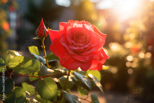 Beautiful Close-up of a Red Rose in the Garden at Sunset, Nature, Spring background, Generative AI
