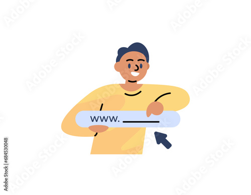 The concept of www or World Wide Web. A man suggests visiting a website. Click the website address link. Character illustration of people. flat illustration concept design. vector elements © Papcut design 
