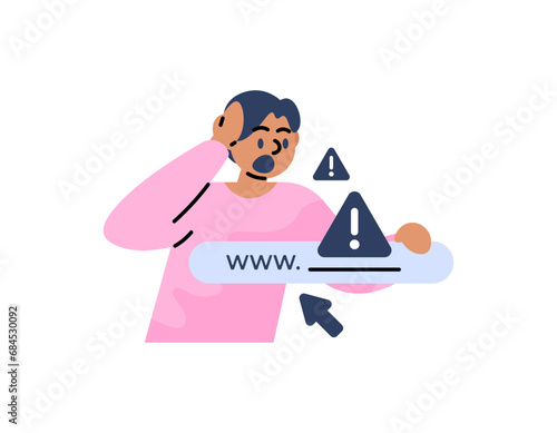A man is shocked because he accesses a dangerous site. Be careful with phishing websites. Warning not to click scam links. Character illustration of people. flat illustration concept design. vector