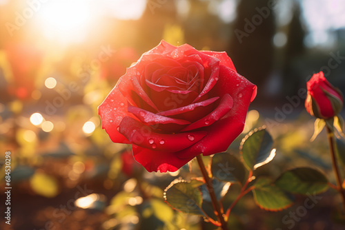 Beautiful Close-up of a Red Rose in the Garden at Sunset, Nature, Spring background, Generative AI