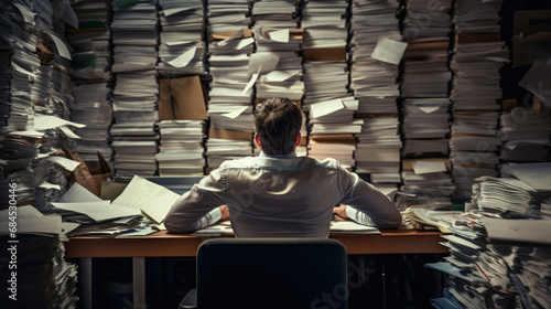 Exhausted man in the office full of folders and work back view