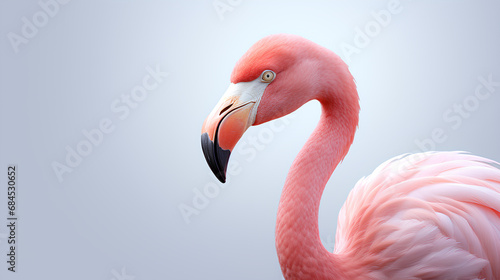 Flamingo the pink feathers rendered in exquisite detail the gray background, Generative AI
