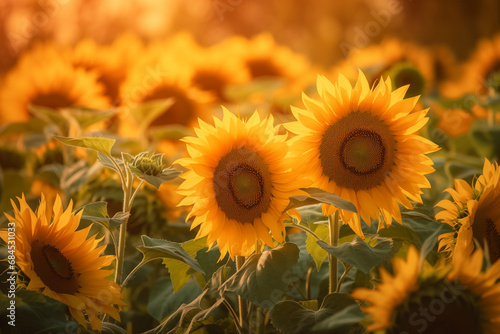 Beautiful Close-up of Sunflowers in the Garden at Sunset, Nature, Spring background, Generative AI