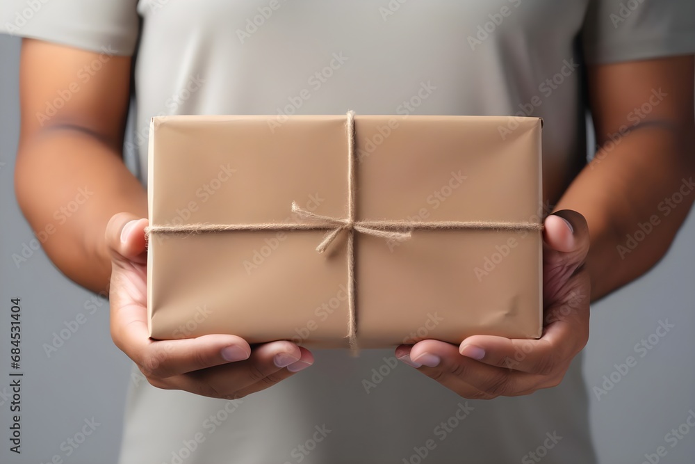 Depersonalized man holds a package in his hands. Depersonalized man holds a package in his hands.