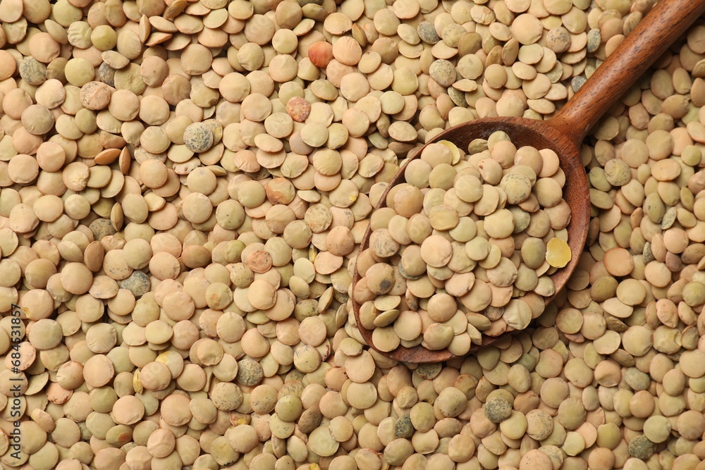 Obraz premium Spoon on many raw lentils, top view. Space for text