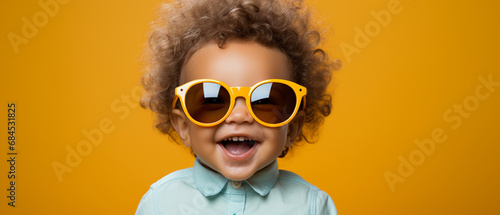 Modebewusstes Kleinkind: Gelbes Shirt und coole Sonnenbrille photo