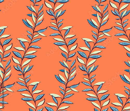 Creative seamless pattern with modern, colorful leaves. Foliage tapestry on a orange background. Vector hand drawn. Template for textile, fashion, print, surface design, fabric