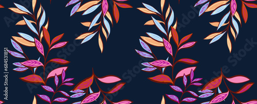 Seamless pattern with abstract, tropical, artistic leaves stem. Vector hand drawn simple leaves print. Template for textile, fashion, fabric, surface design