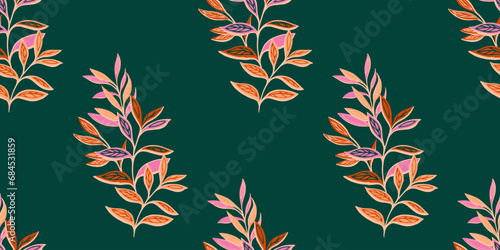 Artistic seamless pattern with abstract, tropical leaves. Vector hand drawn sketch with bouquets leaves on a dark green background. Template for textile, fashion, print, surface design