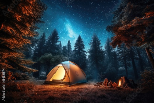 Immerse Yourself in Nature. Camping Under the Starry Sky in the Serene Forest Setting