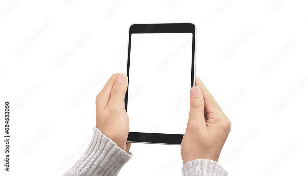 Hand holding smartphone device touching screen Hand holding smartphone device touching screen