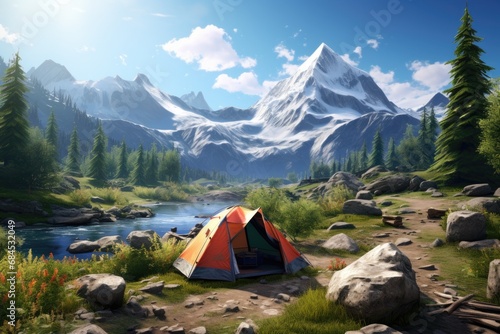 Scenic Morning Mountain Landscape with Tourist Tent in Foreground
