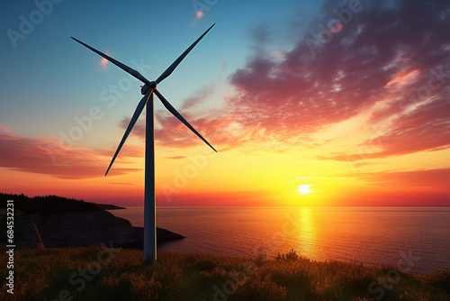 Romantic Sunset Scene with Atmospheric Wind Turbine Landscape