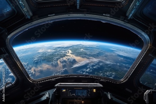 Gorgeous Earth View through Spaceship Porthole in the Infinite Cosmos