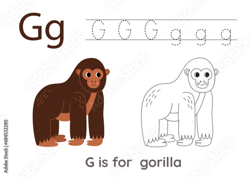 Tracing alphabet letters with cute animals. Color cute gorilla. Trace letter G.