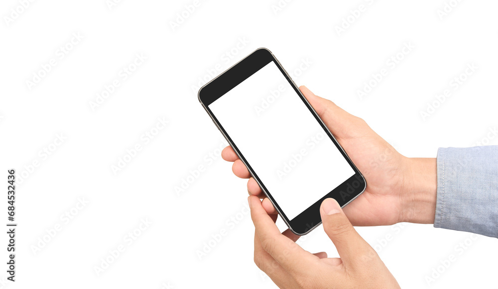 Hand holding smartphone device touching screen Hand holding smartphone device touching screen