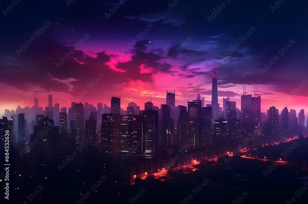 Silhouette of city skyline at night. City aerial view at night. Generative AI