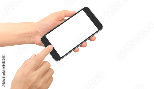 Hand holding smartphone device touching screen