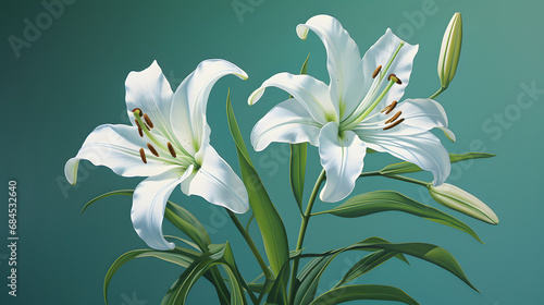 Two white lilies on green background. generative ai.