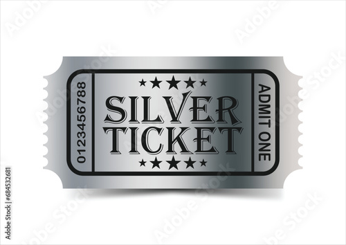Silver ticket with stars and the inscription "Admit one. Realistic vector illustration.
