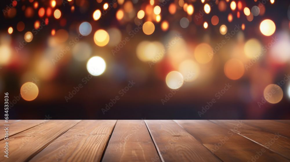 Background of wooden table in front of abstract blur