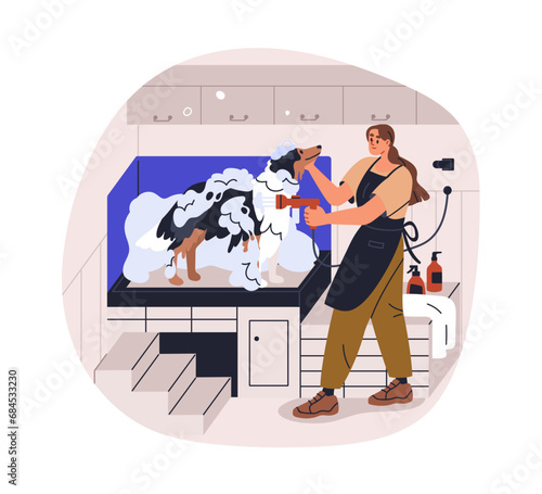 Bathing, washing dogs hair with canine shampoo, soap in grooming salon. Cleaning doggy fur, coat with water shower. Groomer and pets hygiene. Flat vector illustration isolated on white background