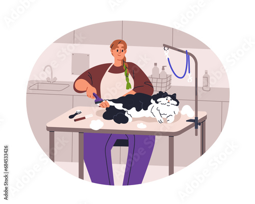 Brushing cats hair with shedding tool in grooming pets salon. Professional groomer combing, removing feline undercoat, fur from fluffy kitty. Flat vector illustration isolated on white background