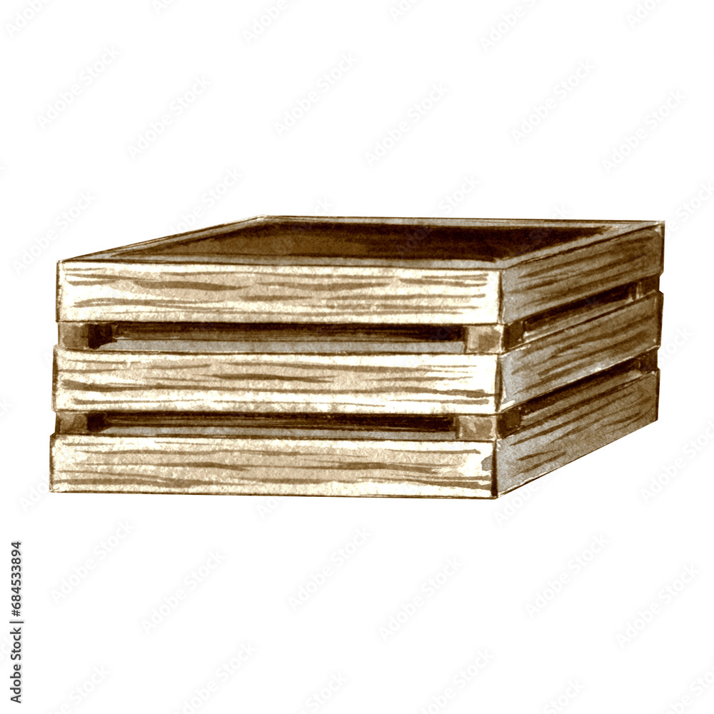 Wooden box brown of three planks Storage container watercolor illustration template. Hand drawn isolated illustration for design, card decoration, packaging and textiles, sticker making, embroidery Wooden box brown of three planks Storage container watercolor illustration template. Hand drawn isolated illustration for design, card decoration, packaging and textiles, sticker making, embroidery