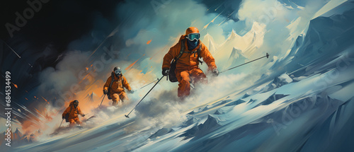 Dynamischer Skilauf: Gruppe von Skifahrern im Schnee photo