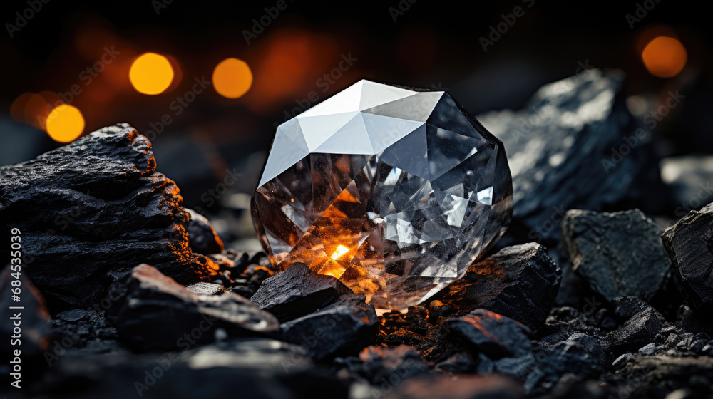 A rare sparkling rough diamond crystal gem surrounded by coal A rare sparkling rough diamond crystal gem surrounded by coal