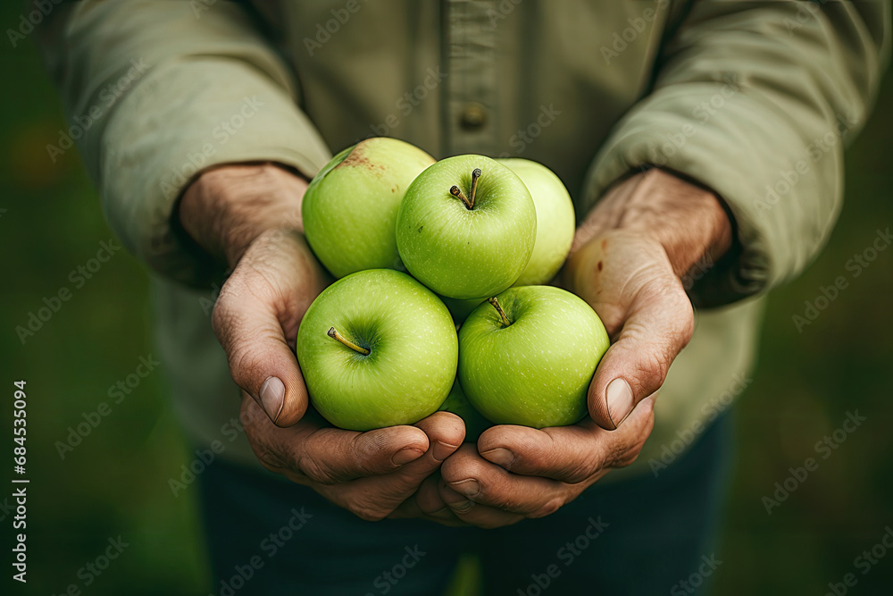 A man's hands carry fresh, organic apples, embodying the healthful harvest of nature's bounty in summer. A man's hands carry fresh, organic apples, embodying the healthful harvest of nature's bounty in summer.