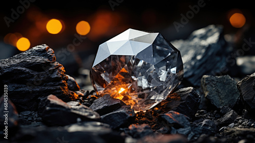 A rare sparkling rough diamond crystal gem surrounded by coal created with Generative AI Technology  photo
