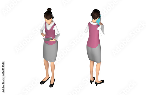 ITサポートで働く女性の3Dイラスト。ヘッドセットをつけている。タブレットを操作している。 © René