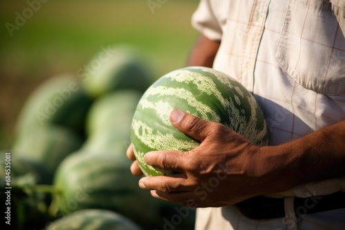 Amidst nature, a boy harvests and holds a fresh, organic watermelon for summer delight.