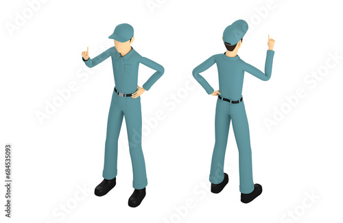 作業服を着た男性作業員の3Dイラスト。安全指導をしている。