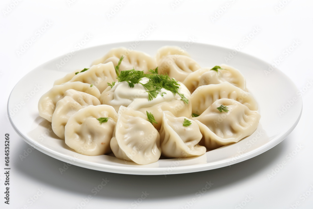 Russian meat dumplings pelmeni. Boiled dumplings with greenery dill and sauce. Cooking dough products with meat. Generative AI Russian meat dumplings pelmeni. Boiled dumplings with greenery dill and sauce. Cooking dough products with meat. Generative AI