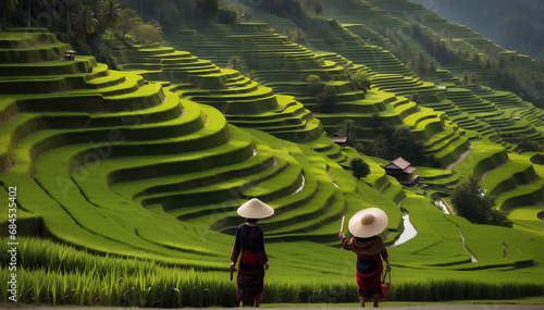 Two vietnamese woman in a stunning green landscape of cultivated rice terraces. photo