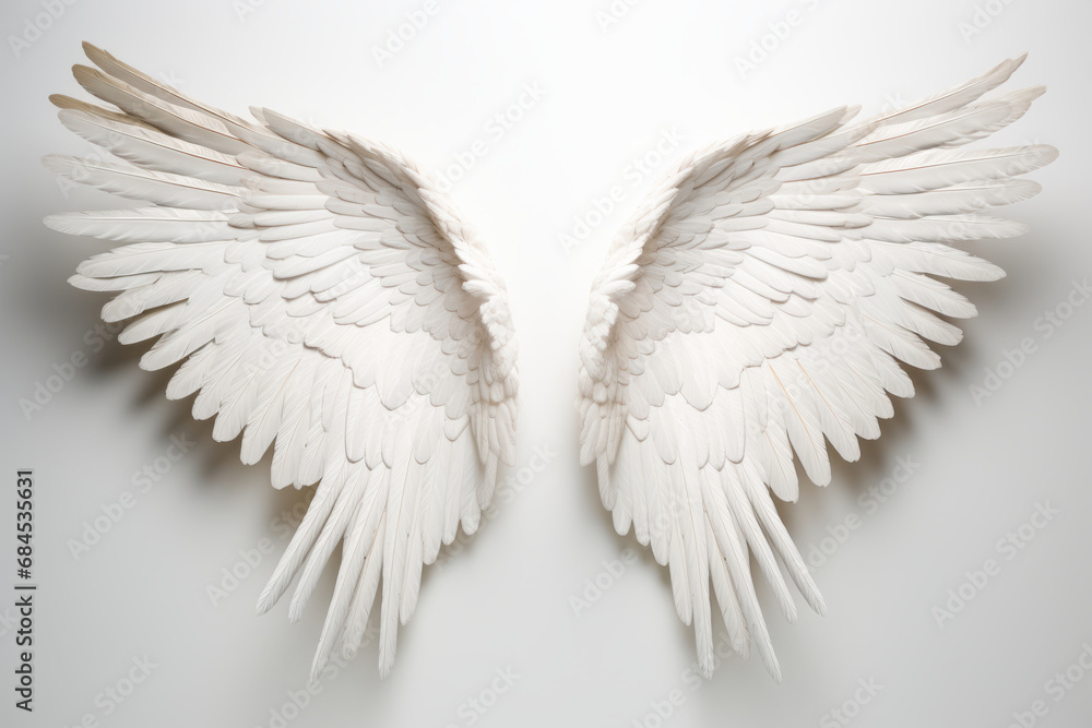 White angel wings spread wide opened with detailed feathers. Generative AI White angel wings spread wide opened with detailed feathers. Generative AI