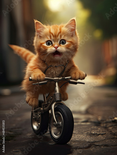 Cute cat riding a small bicycle in the middle of the road created with Generative AI Technology