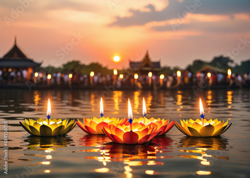 Close up Loy krathong welcome to tourism of thailand koh kret nonthaburi thailand festival on bokeh background
  photo